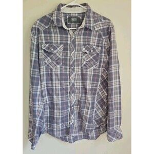 BKE Button Down Shirt Athletic Fit Long Sleeve Size L Blue Gray Snap